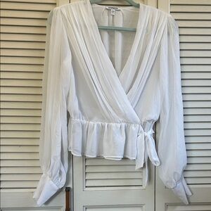Express White Wrap Peplum Blouse with Long Puff Sleeves